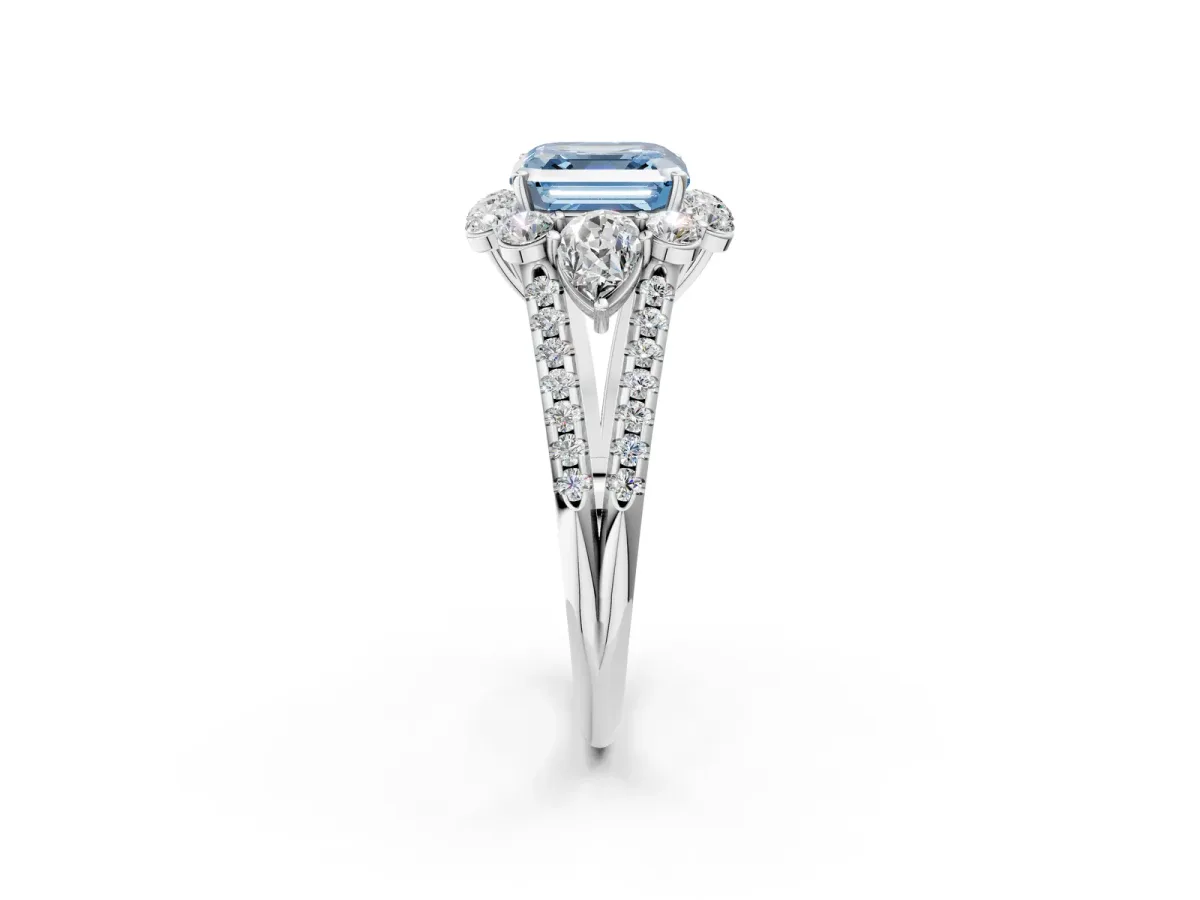 Fancy Blue Asscher Cut Halo Split Shank Diamond Engagement Ring with Prong Setting Platinum