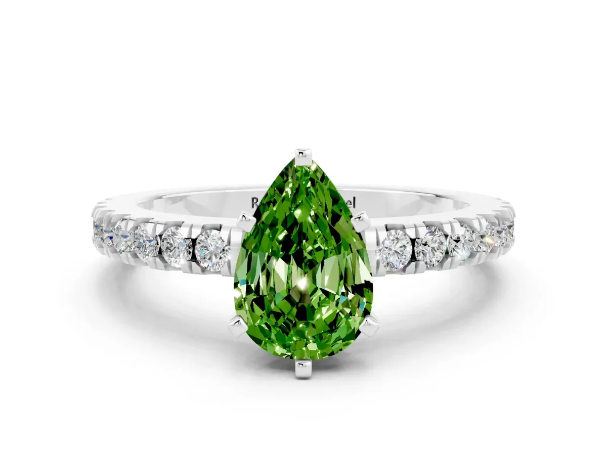 Pear Cut Solitaire Peridot with Pavé Band and Four-Prong Setting Platinum