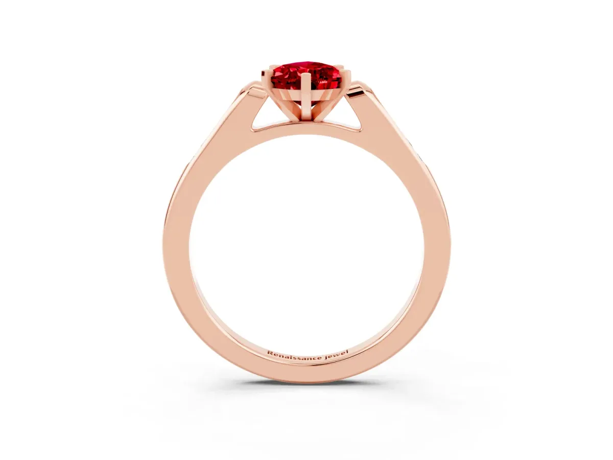 Pear Cut Ruby Solitaire Ring with Channel Set Round Band and Prong Setting Rose gold