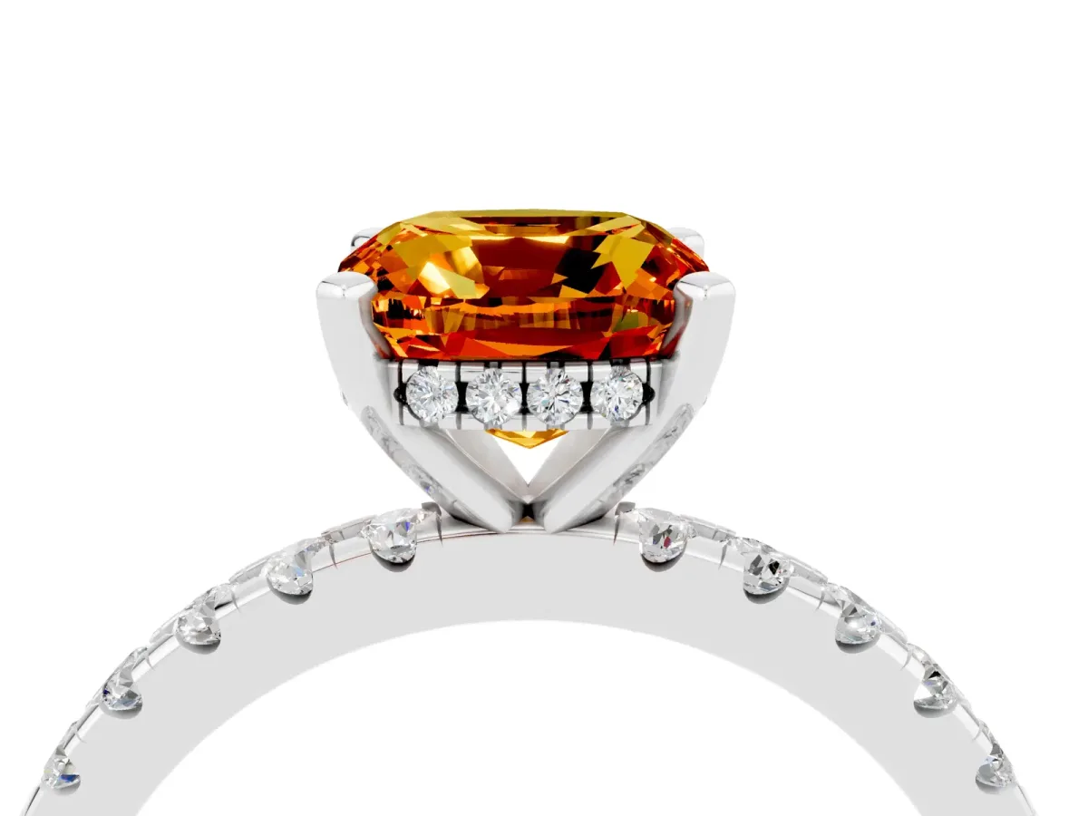 Cushion Cut Citrine Solitaire Ring with Round Pavé Band and Four-Prong Setting Silver