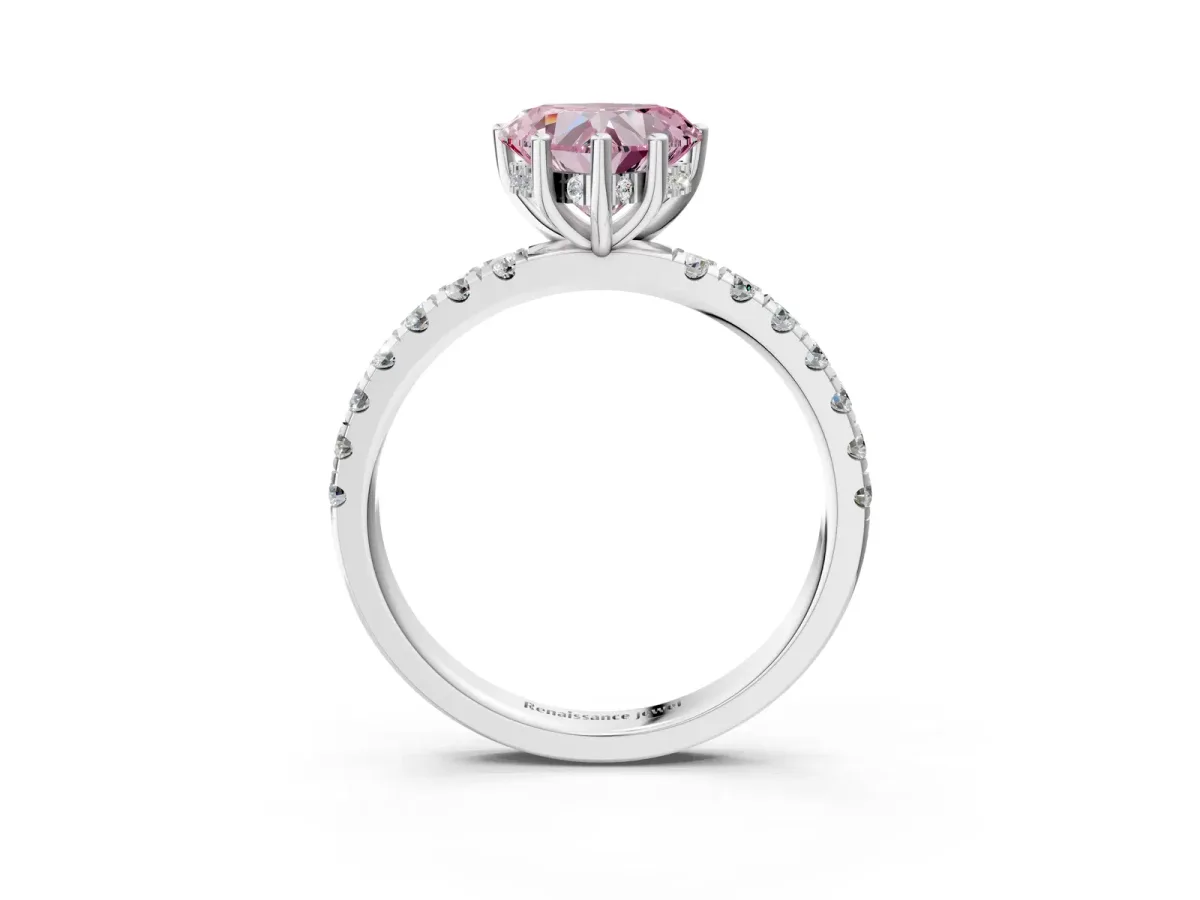 Fancy Pink Heart Cut Diamond Pave Band Solitaire Ring with Round and Prong Setting Silver