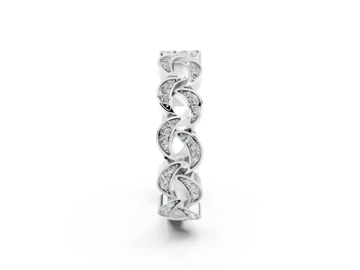Pavé Round Moissanite Interlocking Eternity Band with Bezel Prong Setting White gold