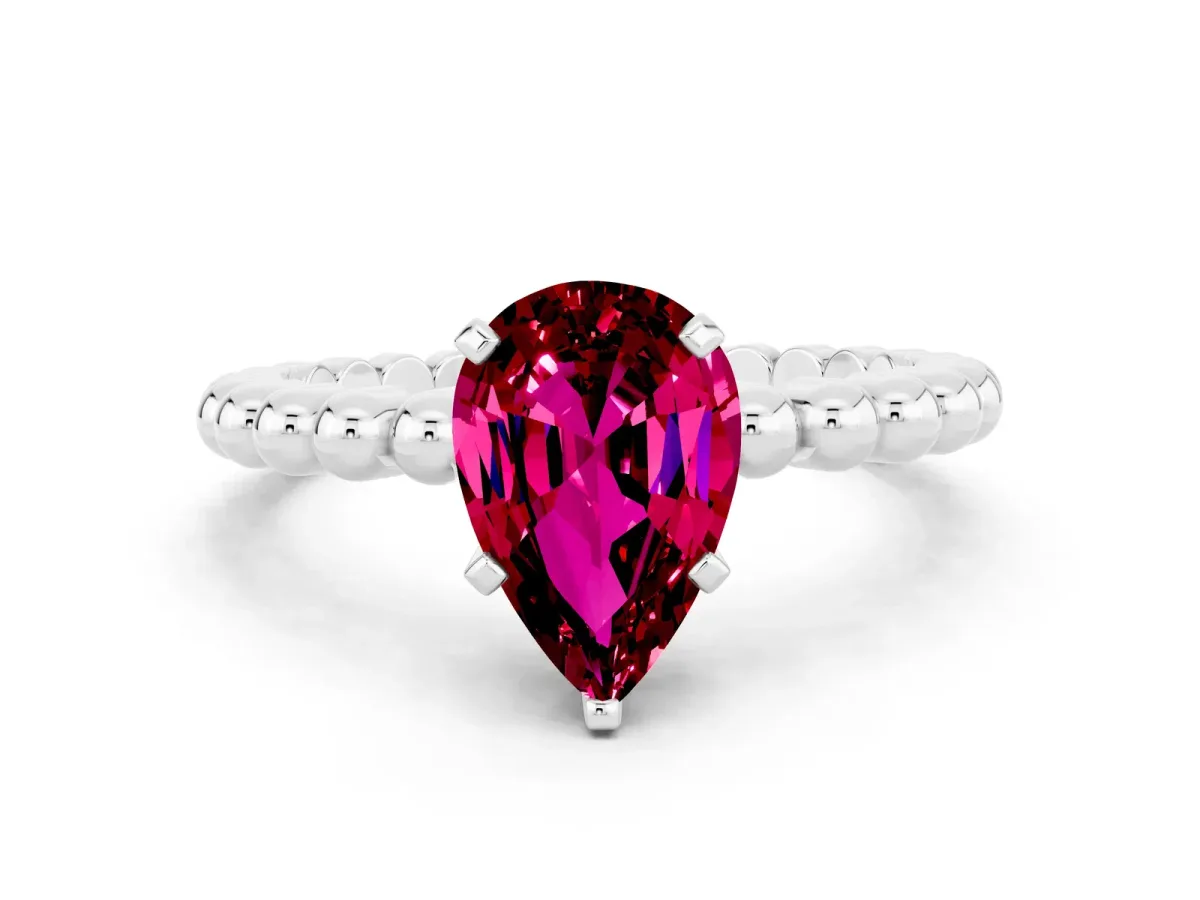 Pear Cut Garnet Solitaire Ring with Beaded Band and Prong Setting Silver
