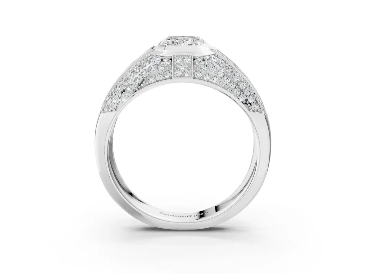 Emerald Cut Diamond Mens Ring with Side Stones Platinum