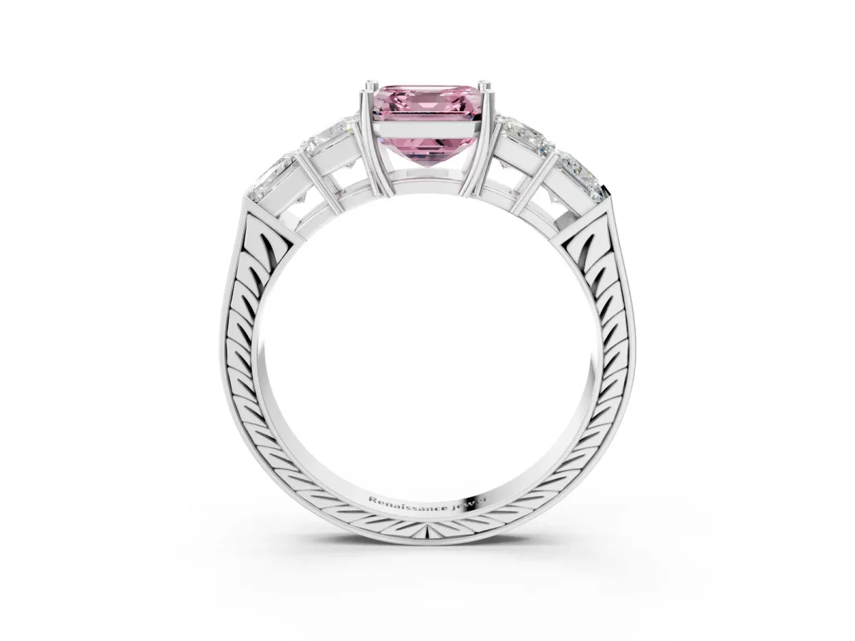 Fancy Pink Asscher Cut Solitaire Princess Side Stone Engraved Band Prong Setting Ring Silver