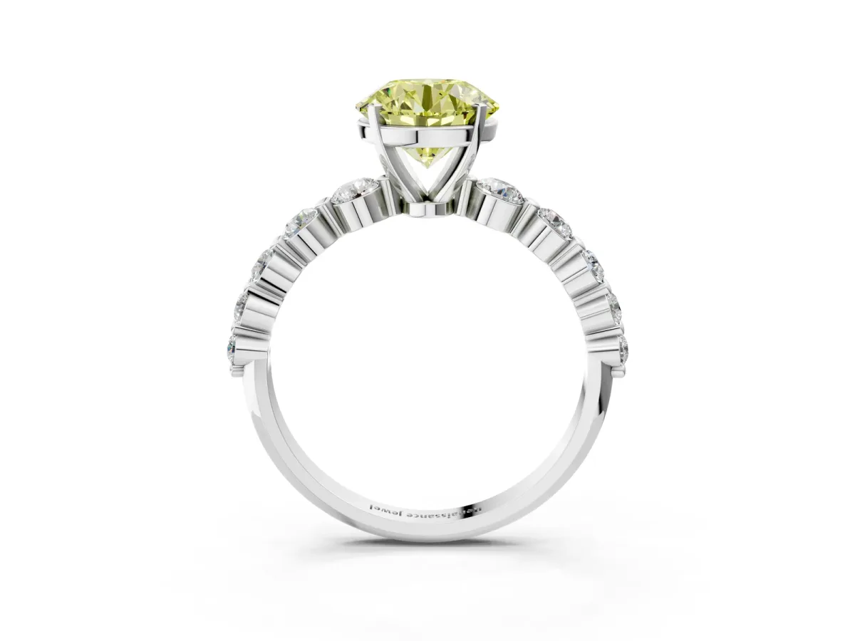 Fancy Yellow Round Cut Solitaire Diamond Ring with Pave Band and Four-Prong Setting Platinum