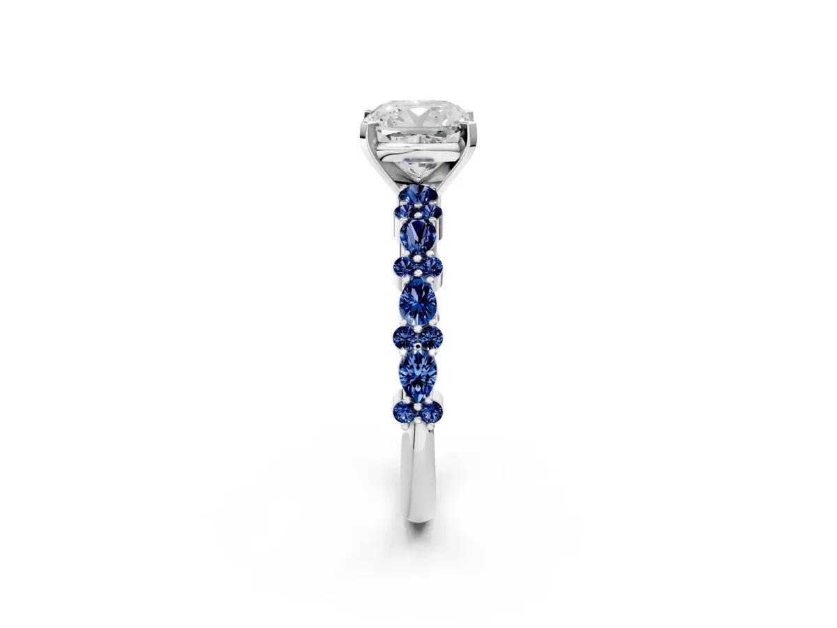 Cushion Cut Diamond Side Stone Solitaire Ring with Round Blue Sapphire and Four-Prong Setting Silver