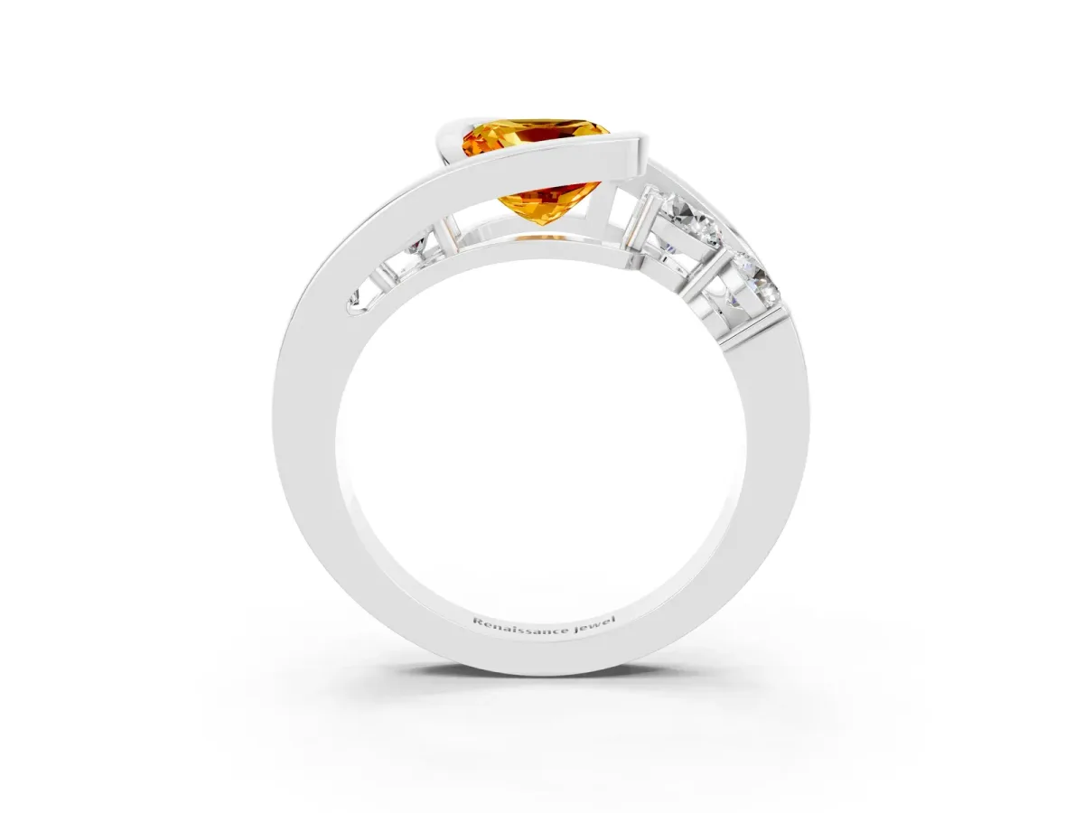 Bezel Set Cushion Cut Citrine Bypass Ring with Round Accents Silver