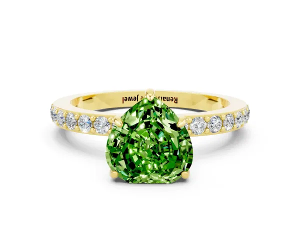 Heart Cut Peridot Solitaire Engagement Ring with Pavé Band and Four-Prong Setting Yellow gold
