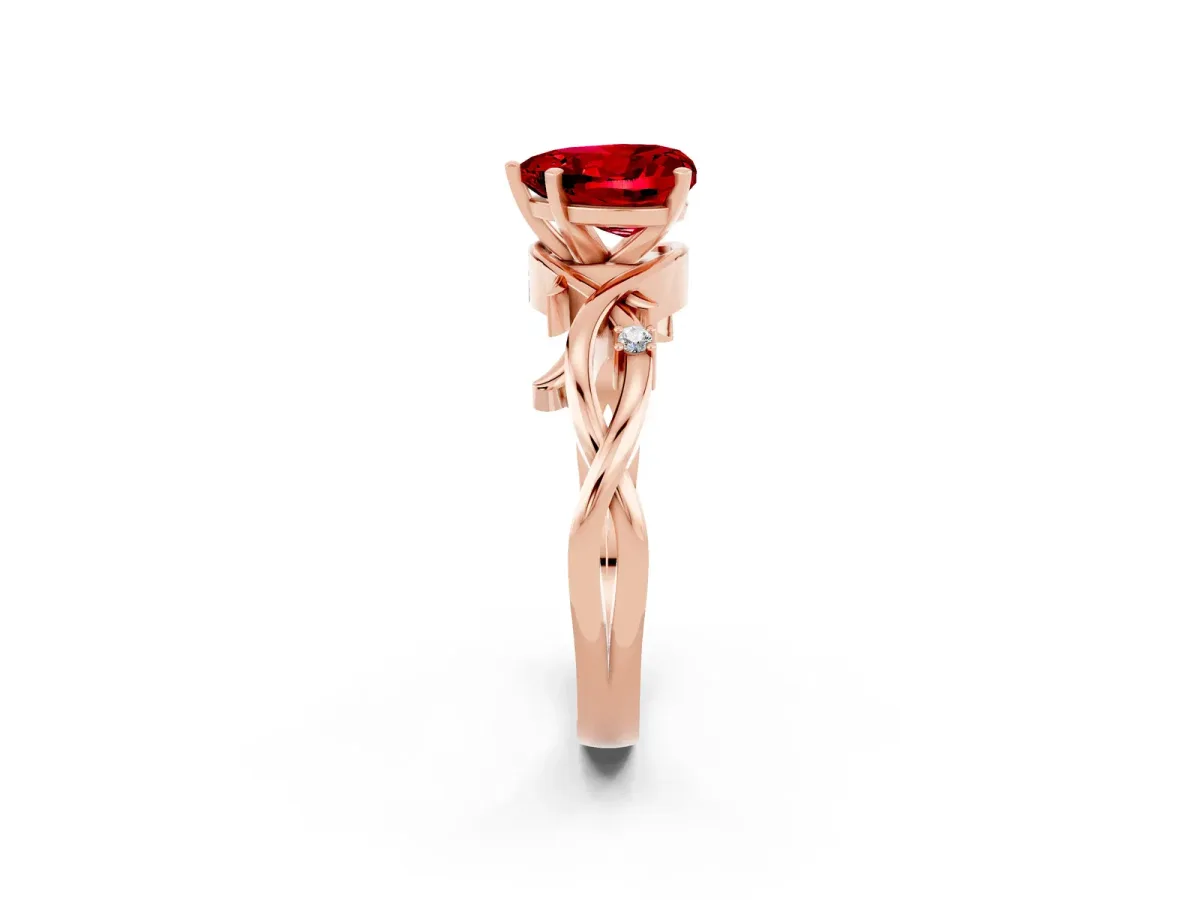 Heart Cut Ruby Solitaire Ring with Twisted Band and Prong Setting Rose gold