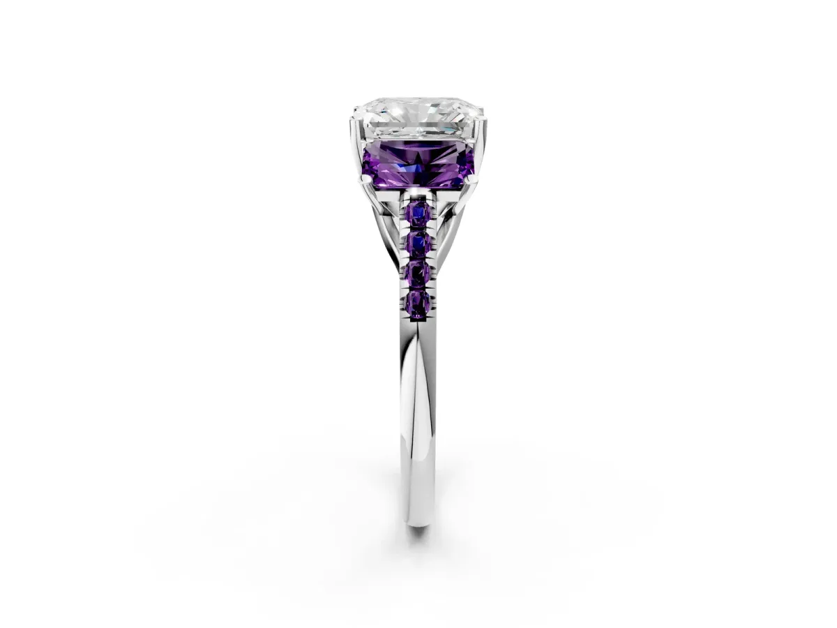 Three-Stone Radiant Cut Diamond Ring with Round Amethyst Pavé Band and Prong Setting Silver