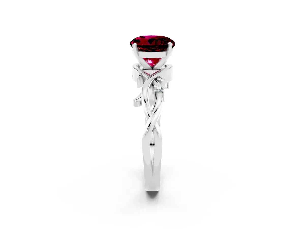 Round Cut Garnet Solitaire Ring with Twisted Band and Prong Setting Platinum