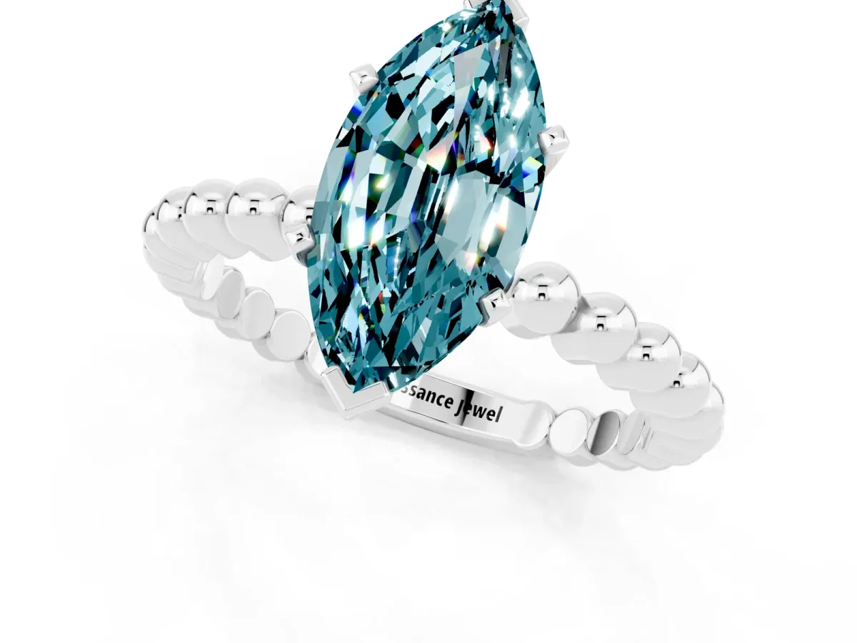 Marquise Cut Blue Topaz Solitaire Ring with Beaded Band and Prong Setting Silver