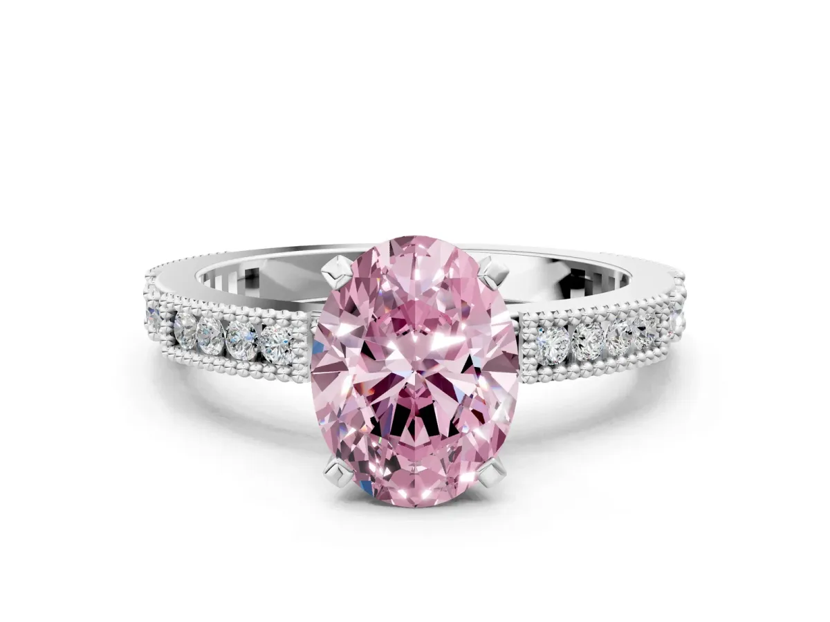 Fancy Pink Oval Cut Solitaire with Pavé Band and Four-Prong Setting Silver