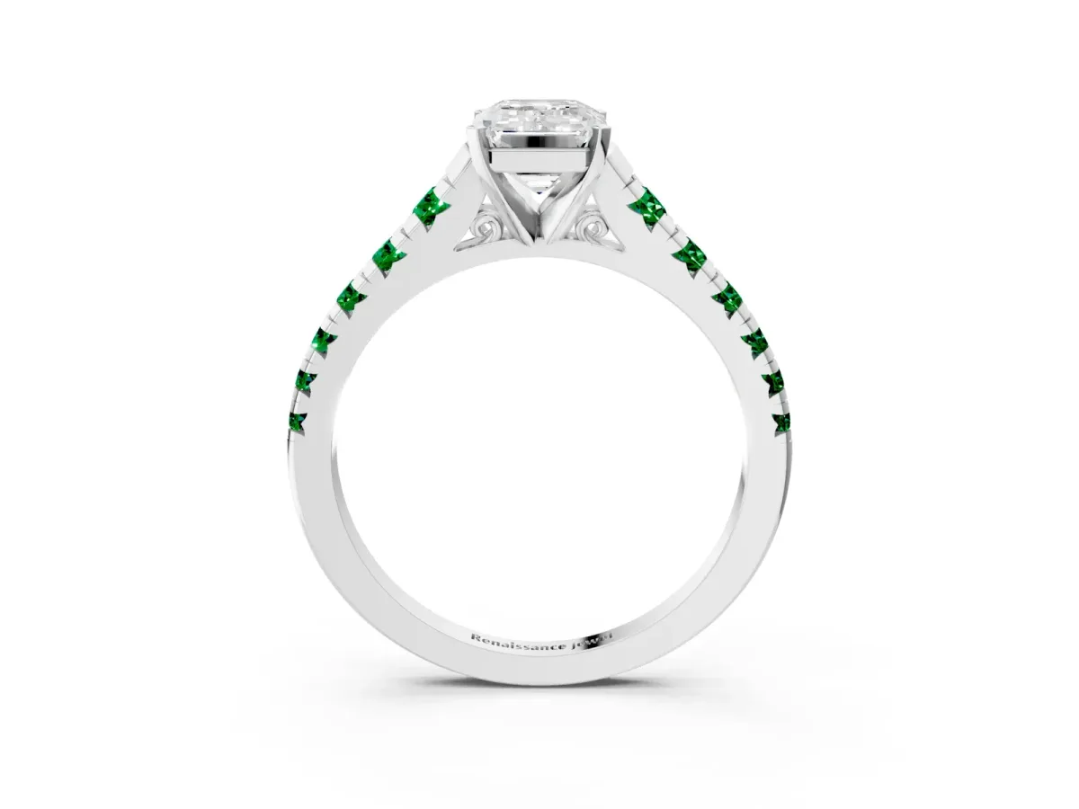 Emerald Cut Diamond Cathedral Solitaire Ring with Round Emerald Pavé Band Platinum