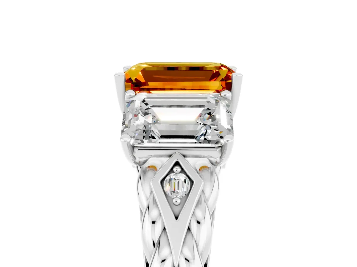 Three-Stone Emerald Cut Citrine Braided Band Ring with Four-Prong Setting Silver