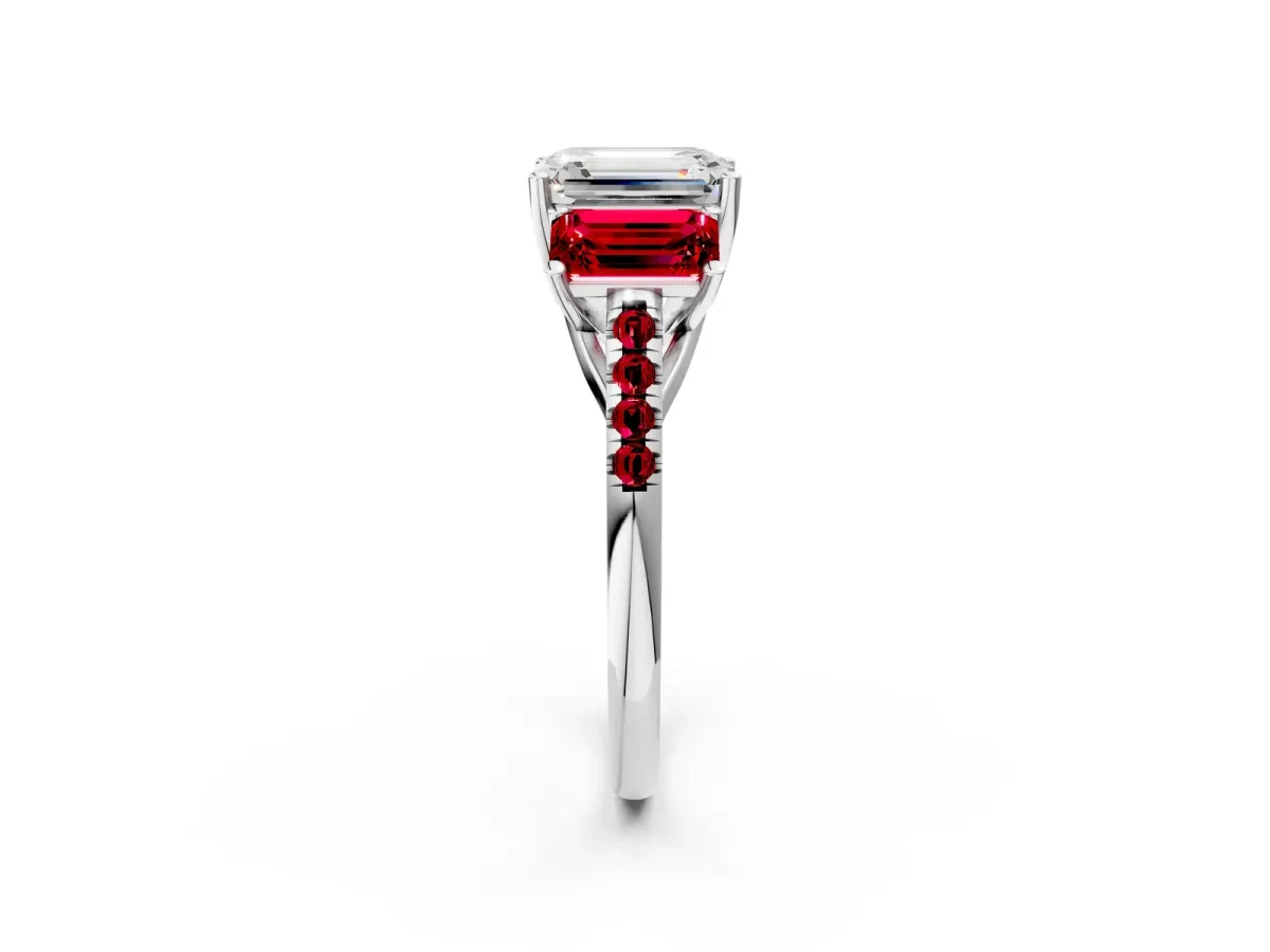 Three-Stone Emerald Cut Diamond Ring with Round Ruby Pavé Band and Prong Setting Platinum