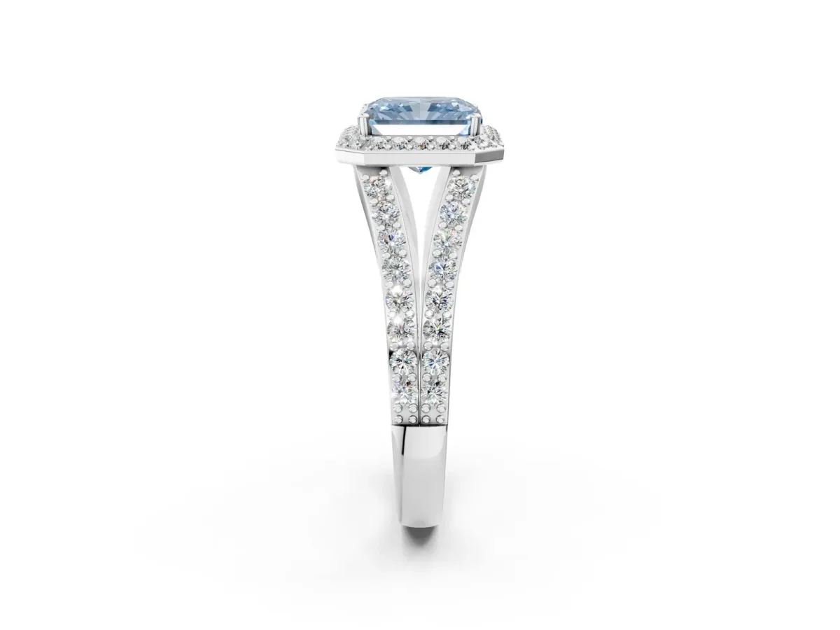 Fancy Blue Radiant Cut Diamond Split Shank Halo Ring with Four-Prong Setting Platinum