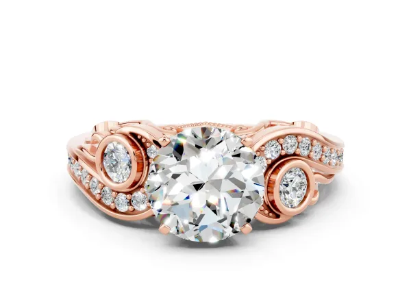 Round Cut Moissanite Solitaire Ring with Milgrain Pavé Band and Four-Prong Setting Rose gold