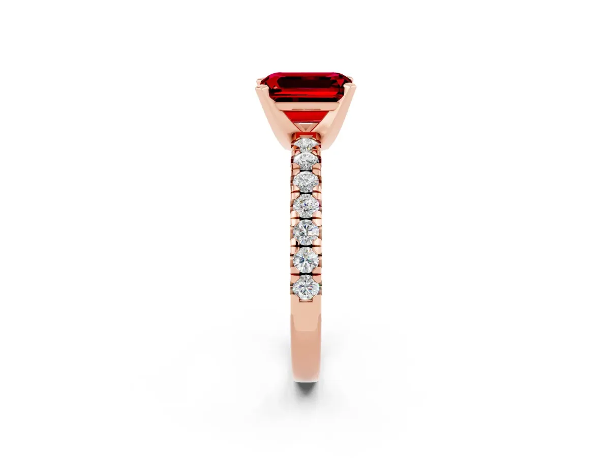 Emerald Cut Ruby Solitaire Pavé Engagement Ring with Round Band and Prong Setting Rose gold