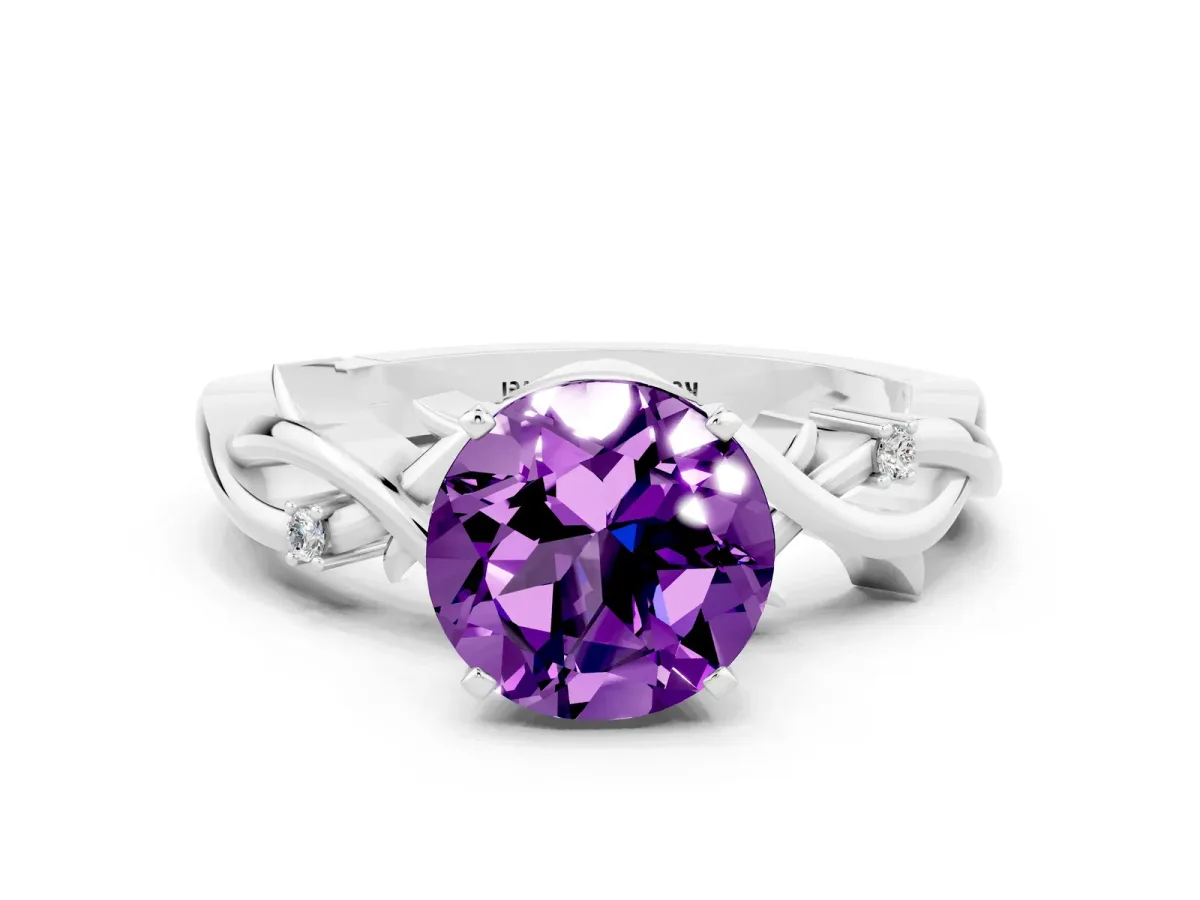 Round Cut Amethyst Solitaire Ring with Twisted Band and Prong Setting Platinum