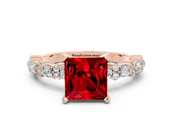 Princess Cut Ruby Side Stone Solitaire Ring with Round and Four-Prong Setting Rose gold