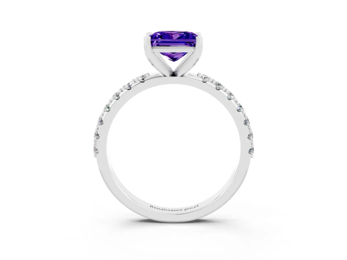 Princess Cut Tanzanite Solitaire Pavé Band with Four-Prong Setting Silver