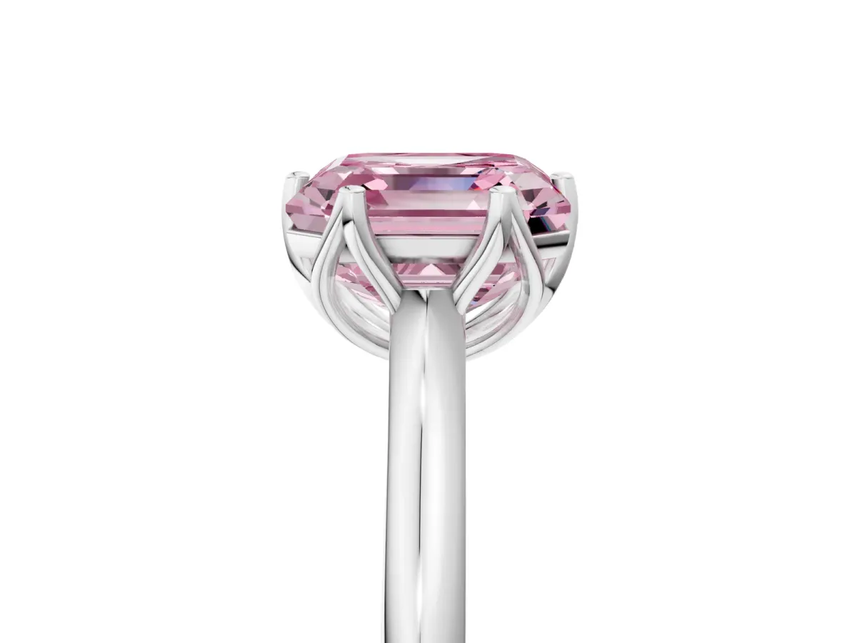 Fancy Pink Asscher Cut Solitaire Cathedral Diamond Ring with Six-Prong Setting Platinum