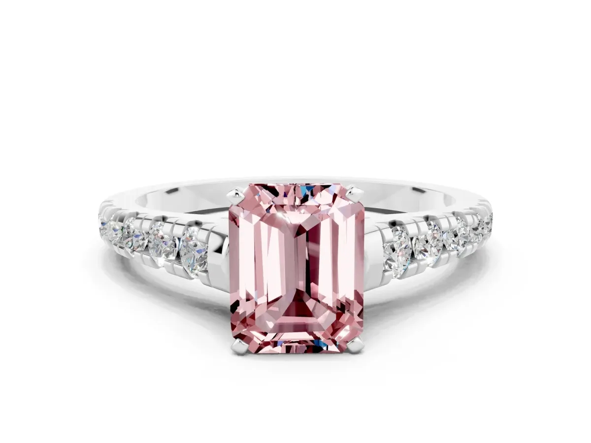 Emerald Cut Morganite Cathedral Solitaire Ring with Round Pavé Band Platinum