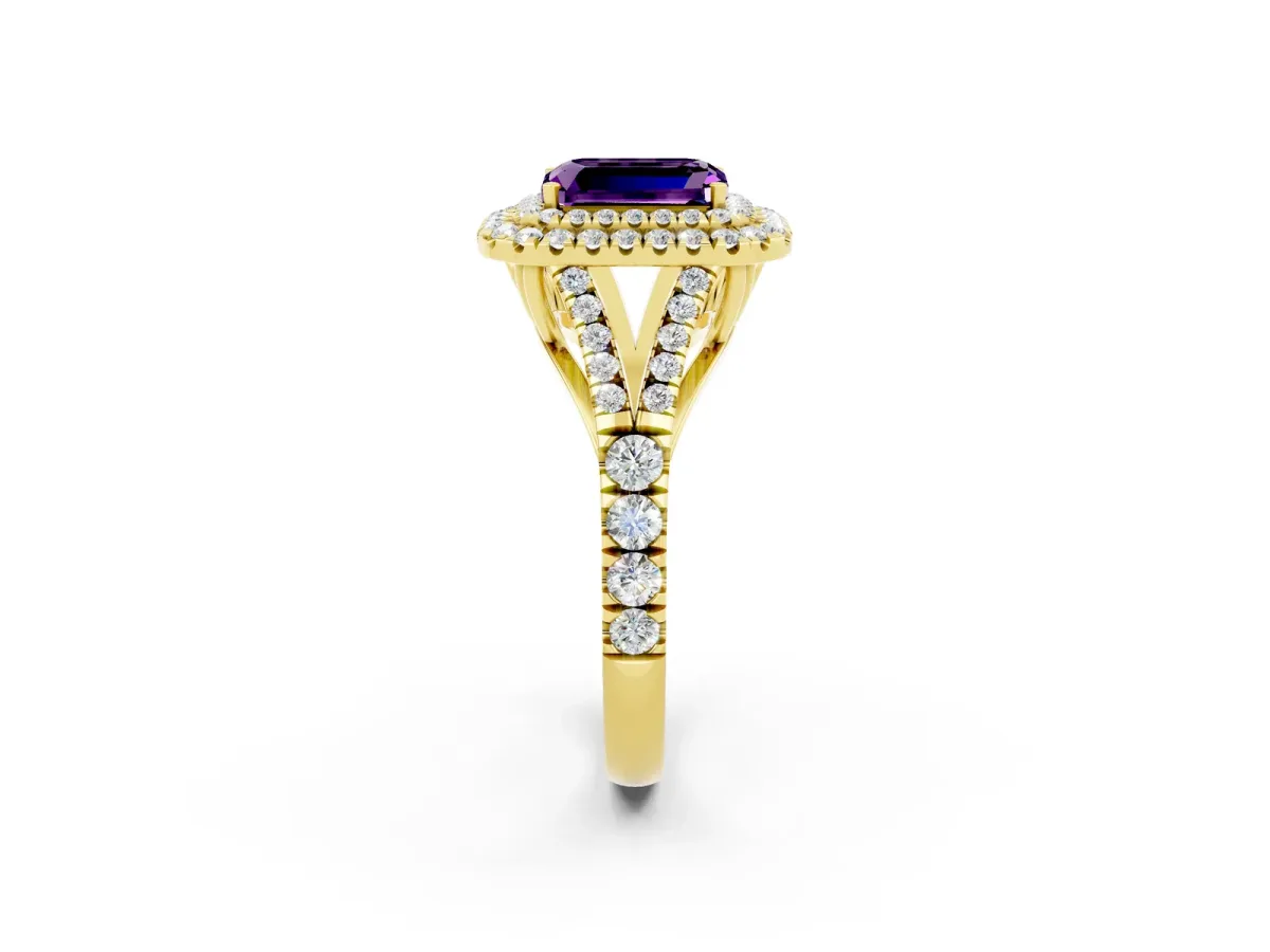 Double Halo Emerald Cut Amethyst Split Shank Engagement Ring with Four-Prong Setting Yellow gold