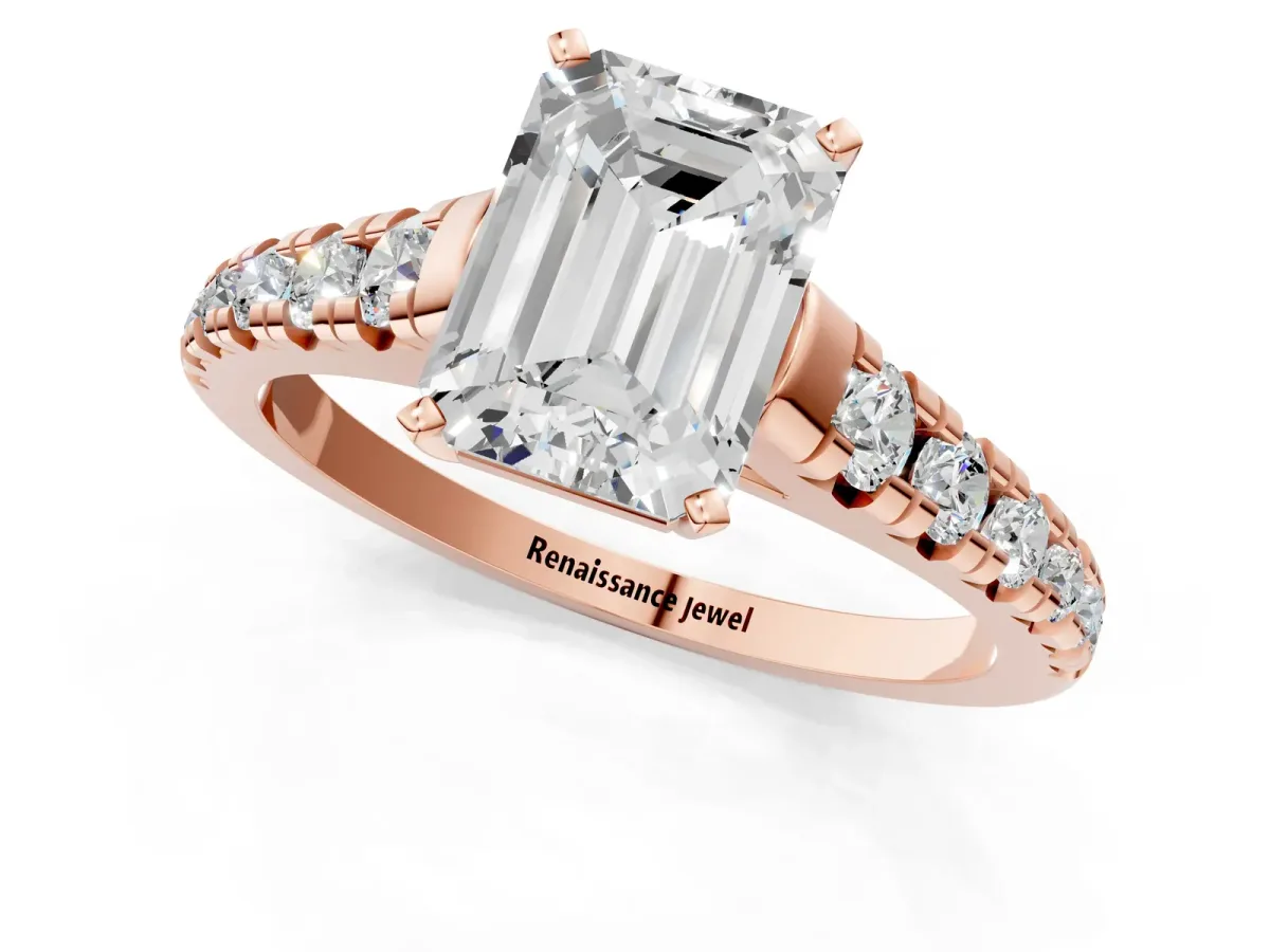 Emerald Cut Diamond Cathedral Solitaire Ring with Round Pavé Band Rose gold