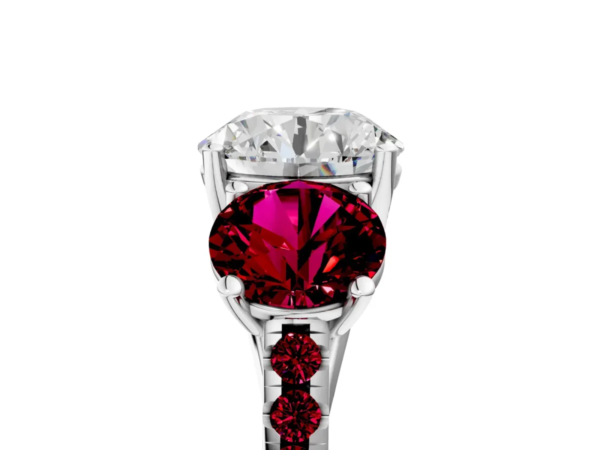 Three-Stone Round Cut Diamond Ring with Round Garnet Pavé Band and Prong Setting Platinum
