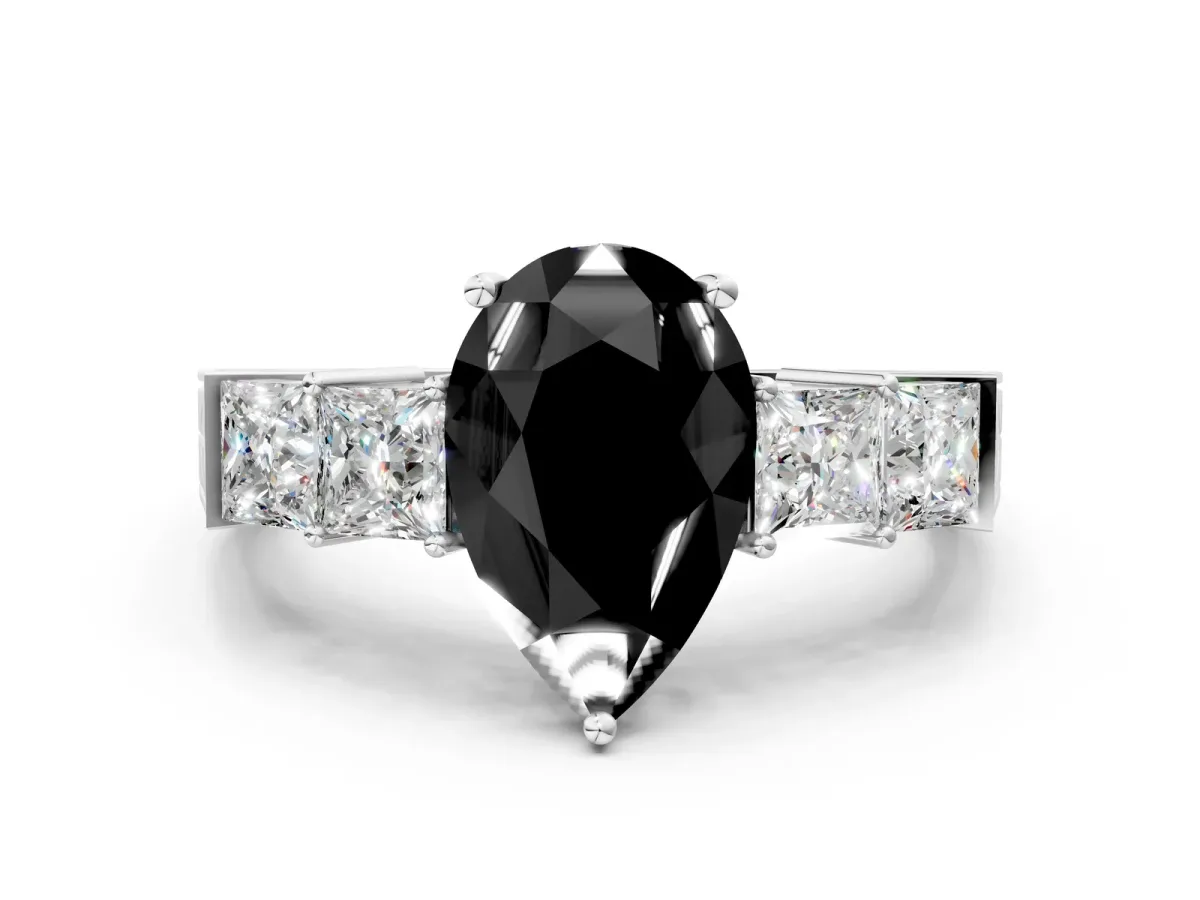 Fancy Black Pear Cut Solitaire Princess Side Stone Engraved Band Prong Setting Ring Platinum