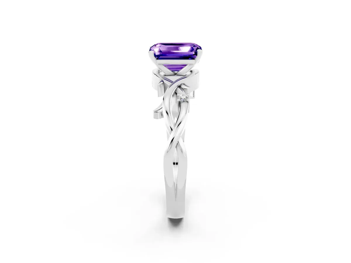 Emerald Cut Tanzanite Solitaire Ring with Twisted Band and Prong Setting Silver