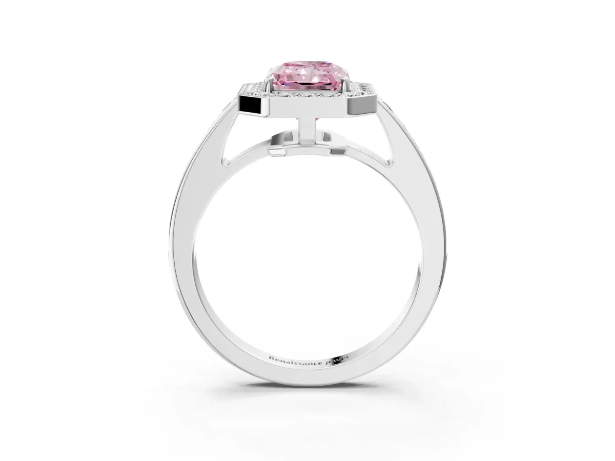 Fancy Pink Radiant Cut Halo Pavé Diamond Engagement Ring with Bezel Setting Silver
