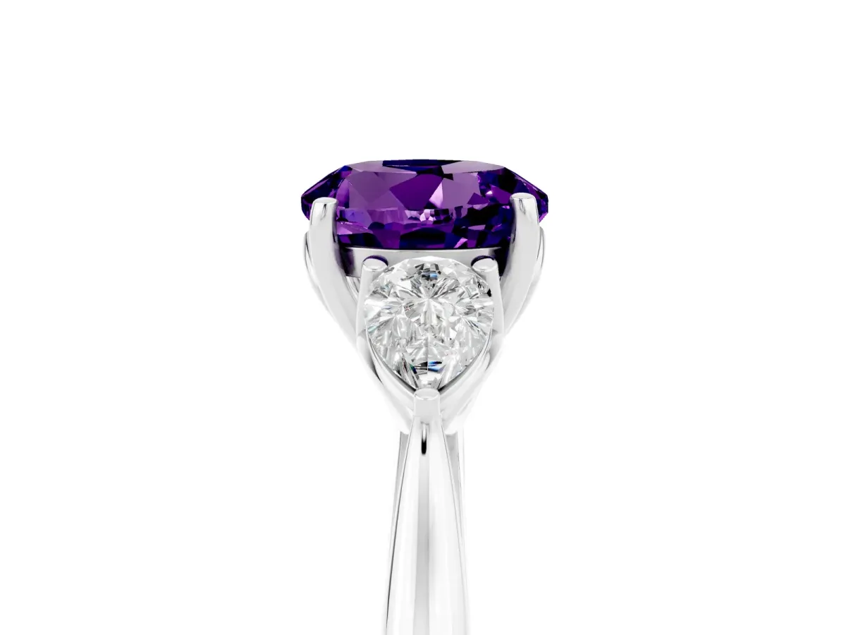 Three-Stone Round Cut Amethyst Ring with Pear Side Stones in Four-Prong Setting Platinum