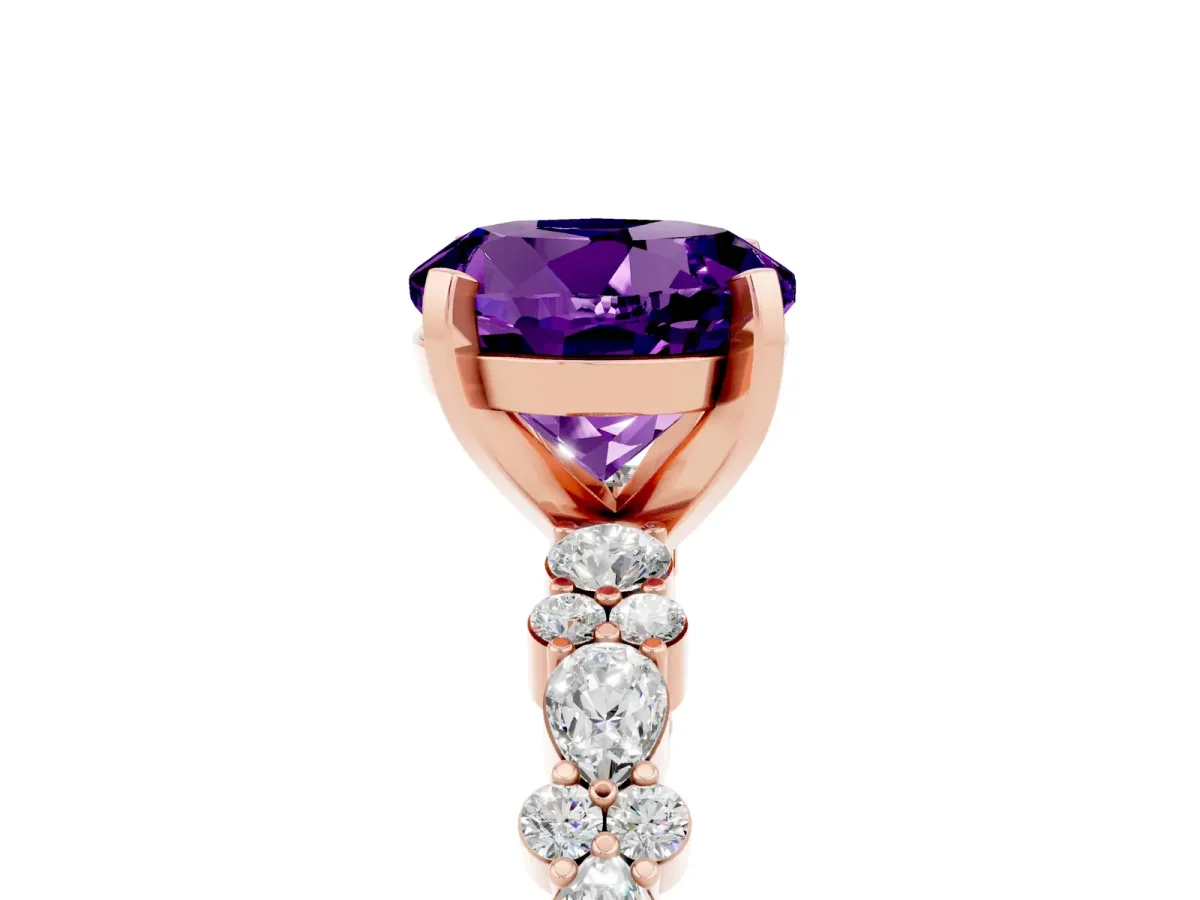 Round Cut Amethyst Side Stone Solitaire Ring with Round and Four-Prong Setting Rose gold