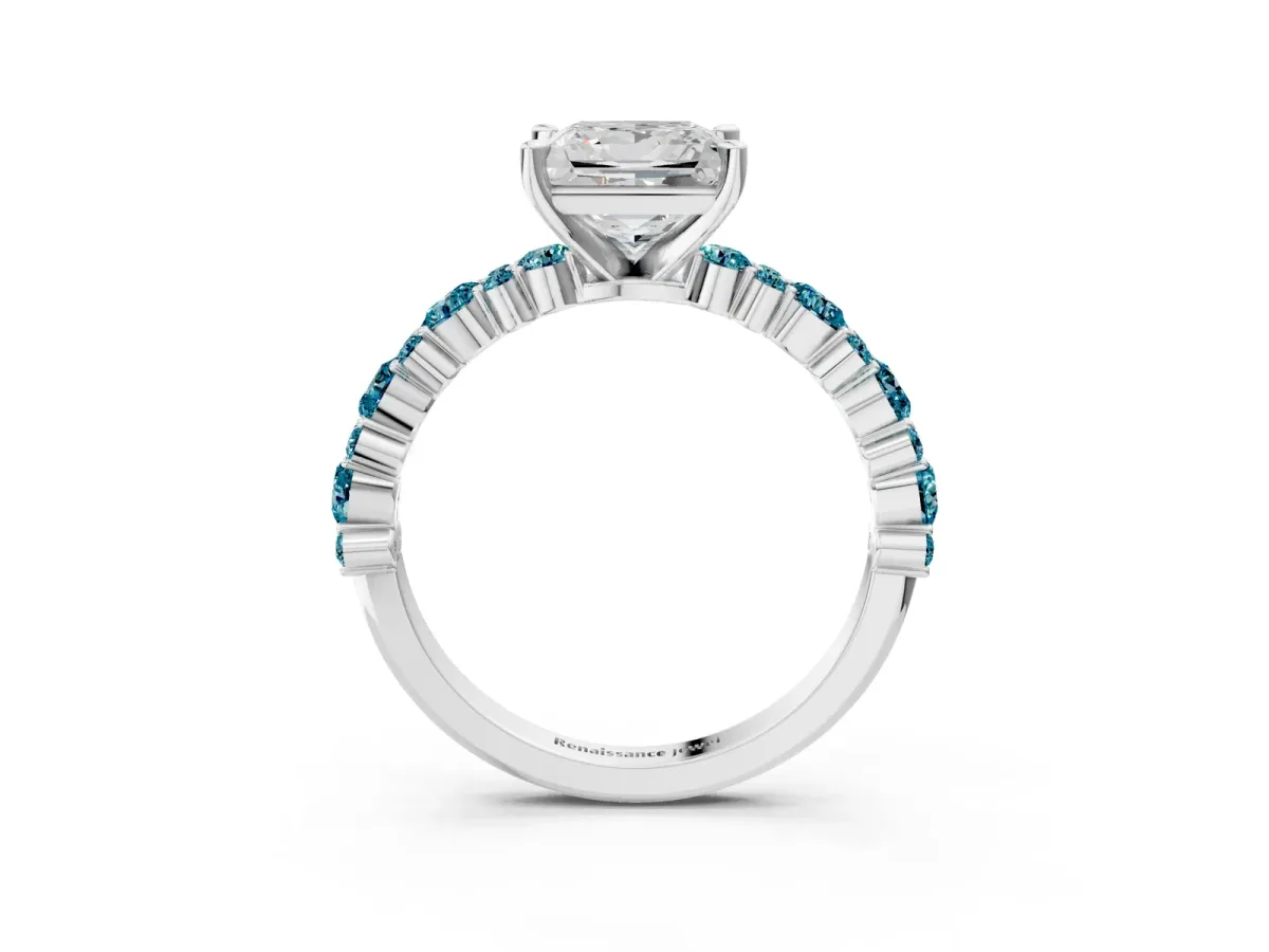 Princess Cut Diamond Side Stone Solitaire Ring with Round Blue Topaz and Four-Prong Setting Silver