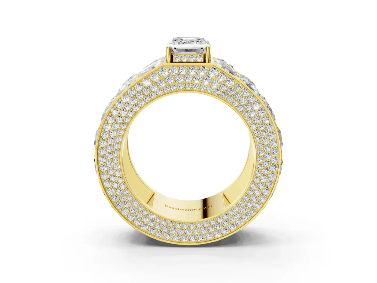 Emerald Cut Diamond Radiant Pavé Mens Ring Yellow gold