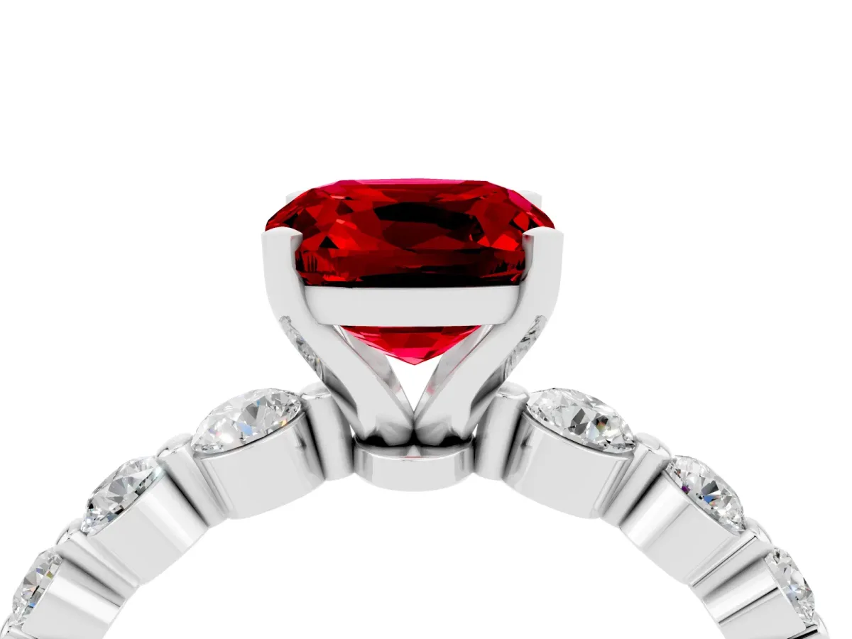 Cushion Cut Solitaire Ruby Ring with Pave Band and Four-Prong Setting Platinum