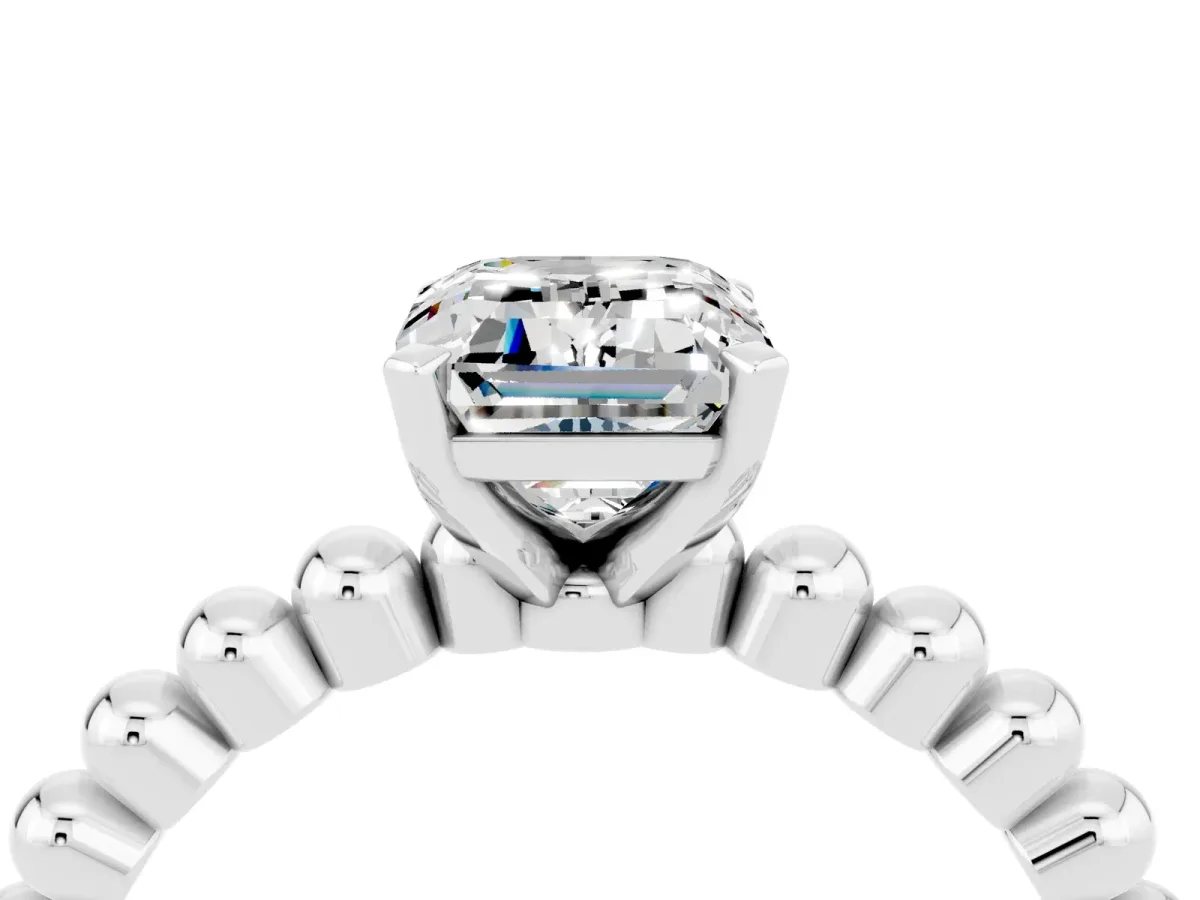 Emerald Cut Moissanite Solitaire Ring with Beaded Band and Prong Setting Platinum