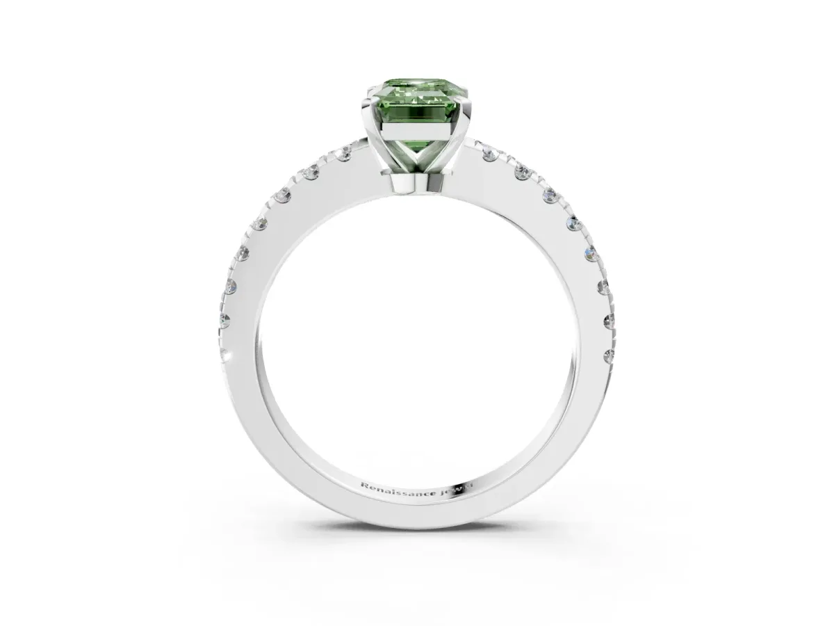 Fancy Green Emerald Cut Solitaire Diamond with Pavé Band and Four-Prong Setting Silver