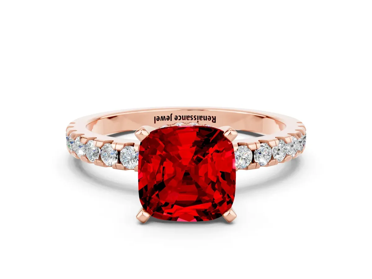 Cushion Cut Ruby Solitaire Ring with Round Pavé Band and Four-Prong Setting Rose gold