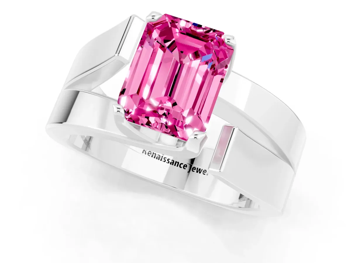 Modern Tension Set Emerald Cut Pink Sapphire Solitaire Wide Band Ring Silver