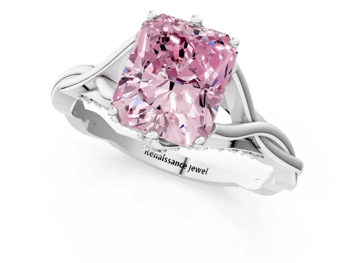 Fancy Pink Radiant Cut Solitaire Twist Band Six-Prong Setting Platinum