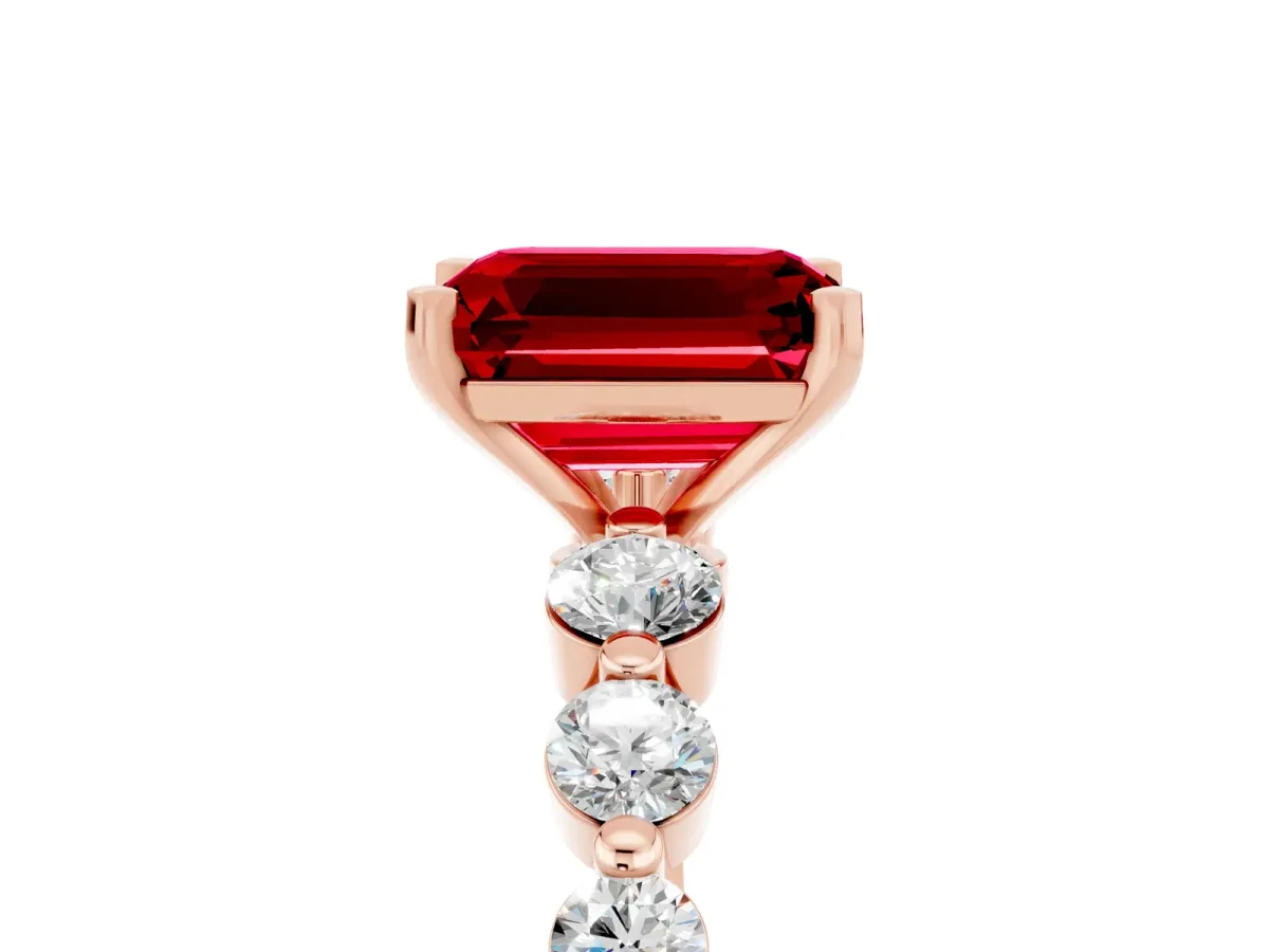 Emerald Cut Solitaire Ruby Ring with Pave Band and Four-Prong Setting Rose gold