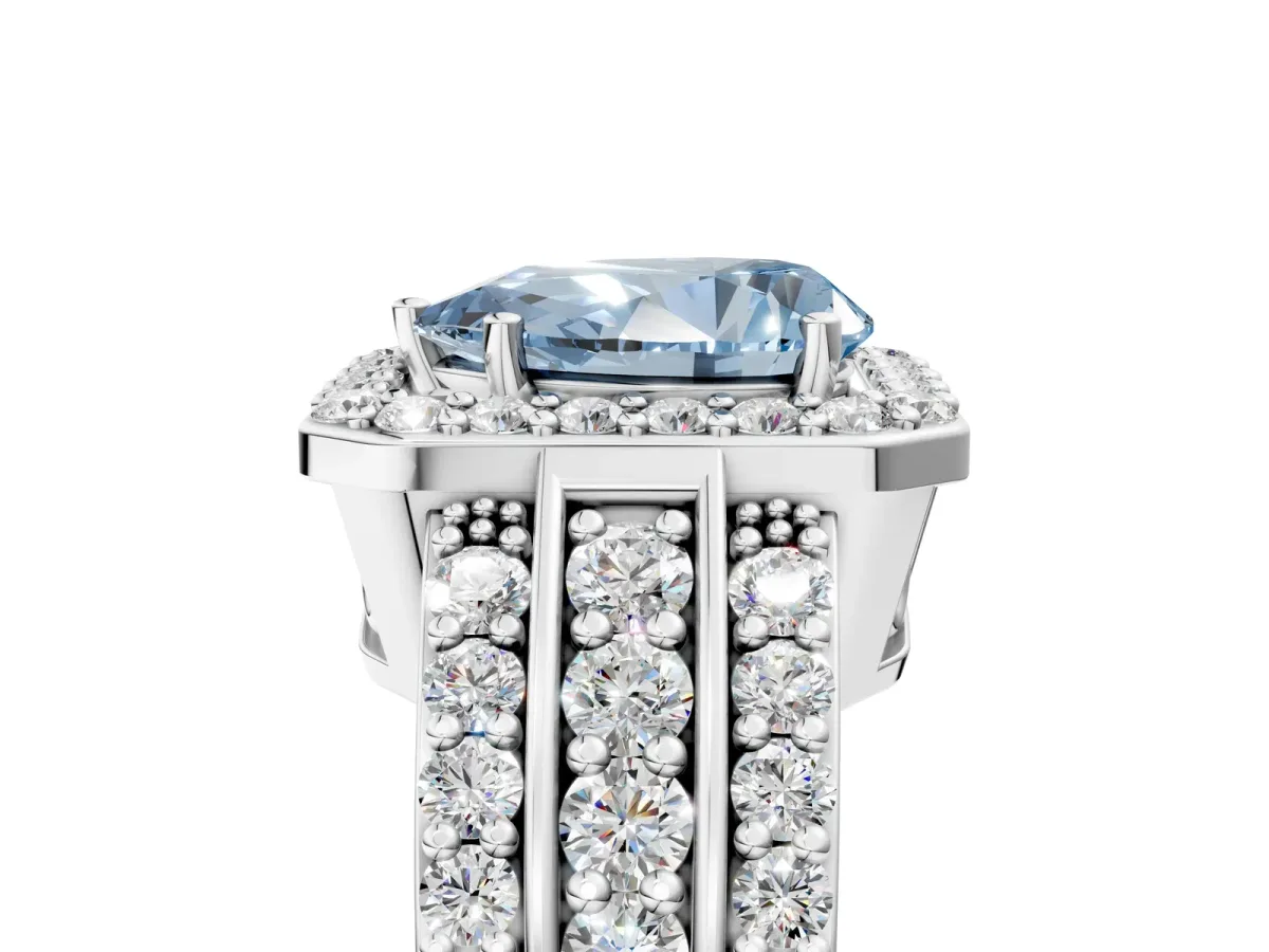 Fancy Blue Pear Cut Halo Diamond Ring with Round Split Shank and Prong Setting Platinum