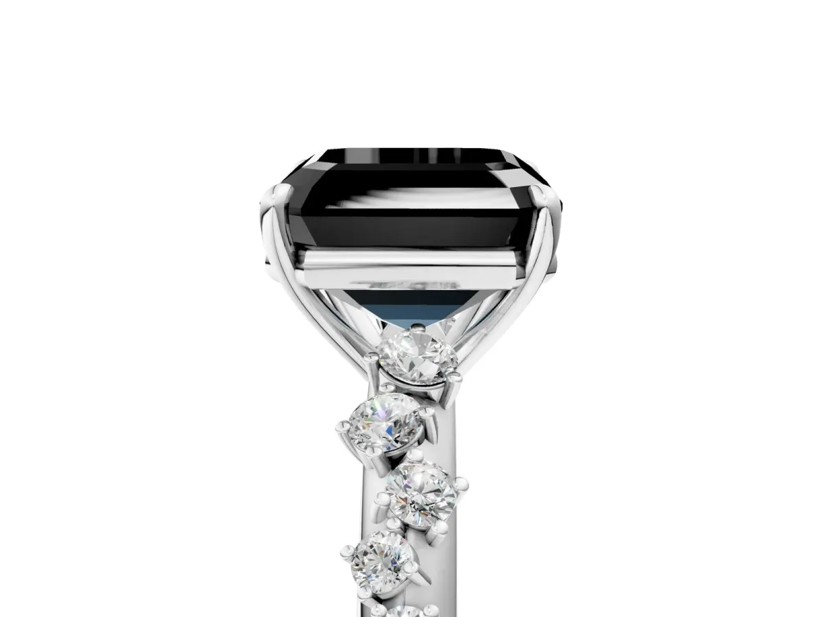 Fancy Black Asscher Cut Diamond Cluster Side Stone Solitaire Ring with Prong Setting Platinum
