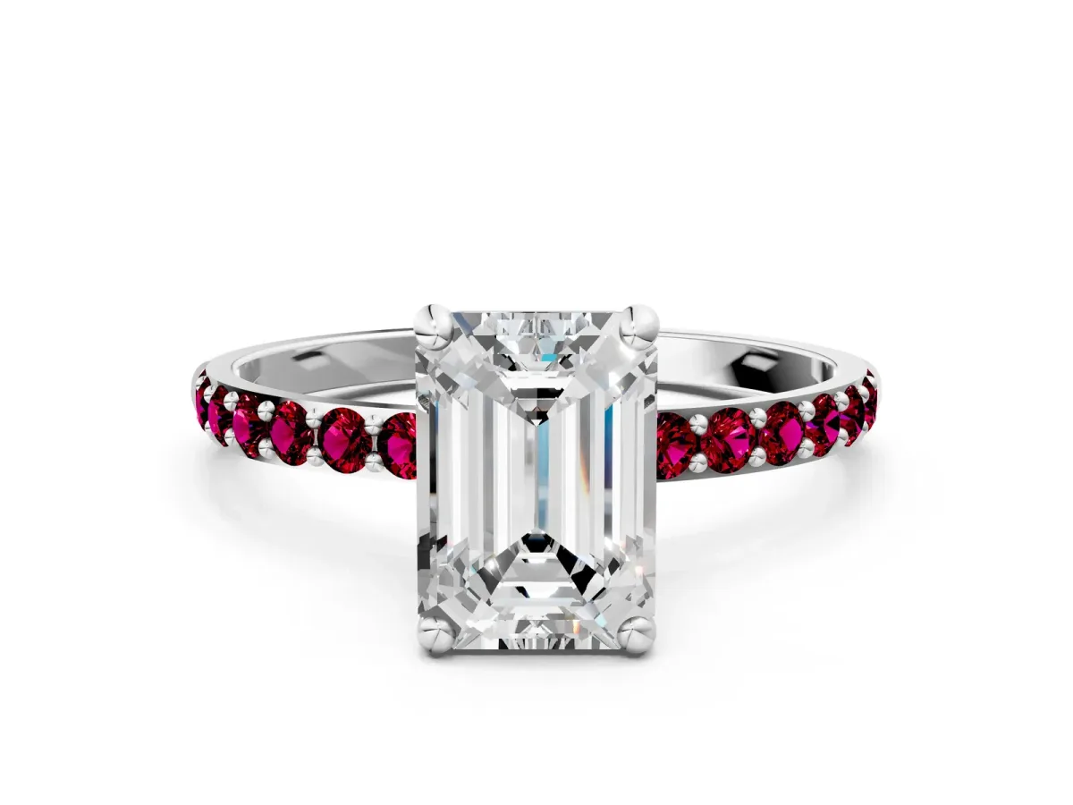 Emerald Cut Diamond Solitaire Ring with Round Garnet Pavé Band and Prong Setting Platinum