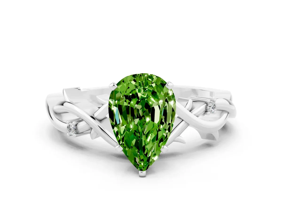 Pear Cut Peridot Solitaire Ring with Twisted Band and Prong Setting White gold
